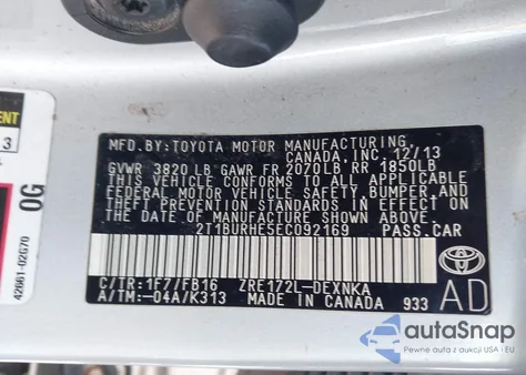 2014 Toyota Corolla Le z USA, uszkodzony, nr VIN 2T1BURHE5EC092169